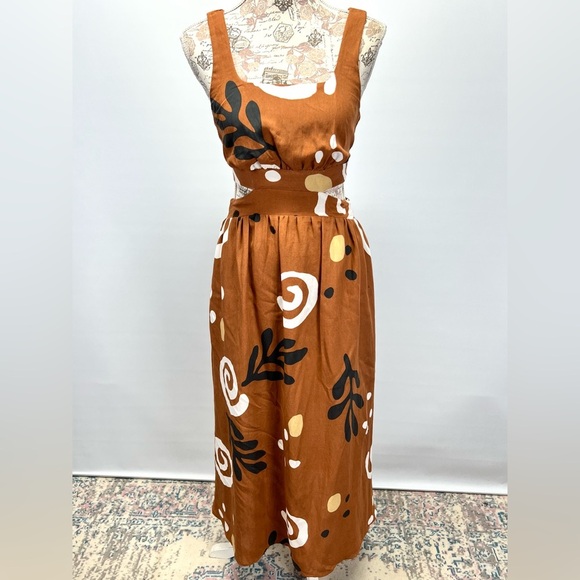 ILLA ILLA Brown and White graphic print open waist sleeveless maxi dress size S - Picture 10 of 14